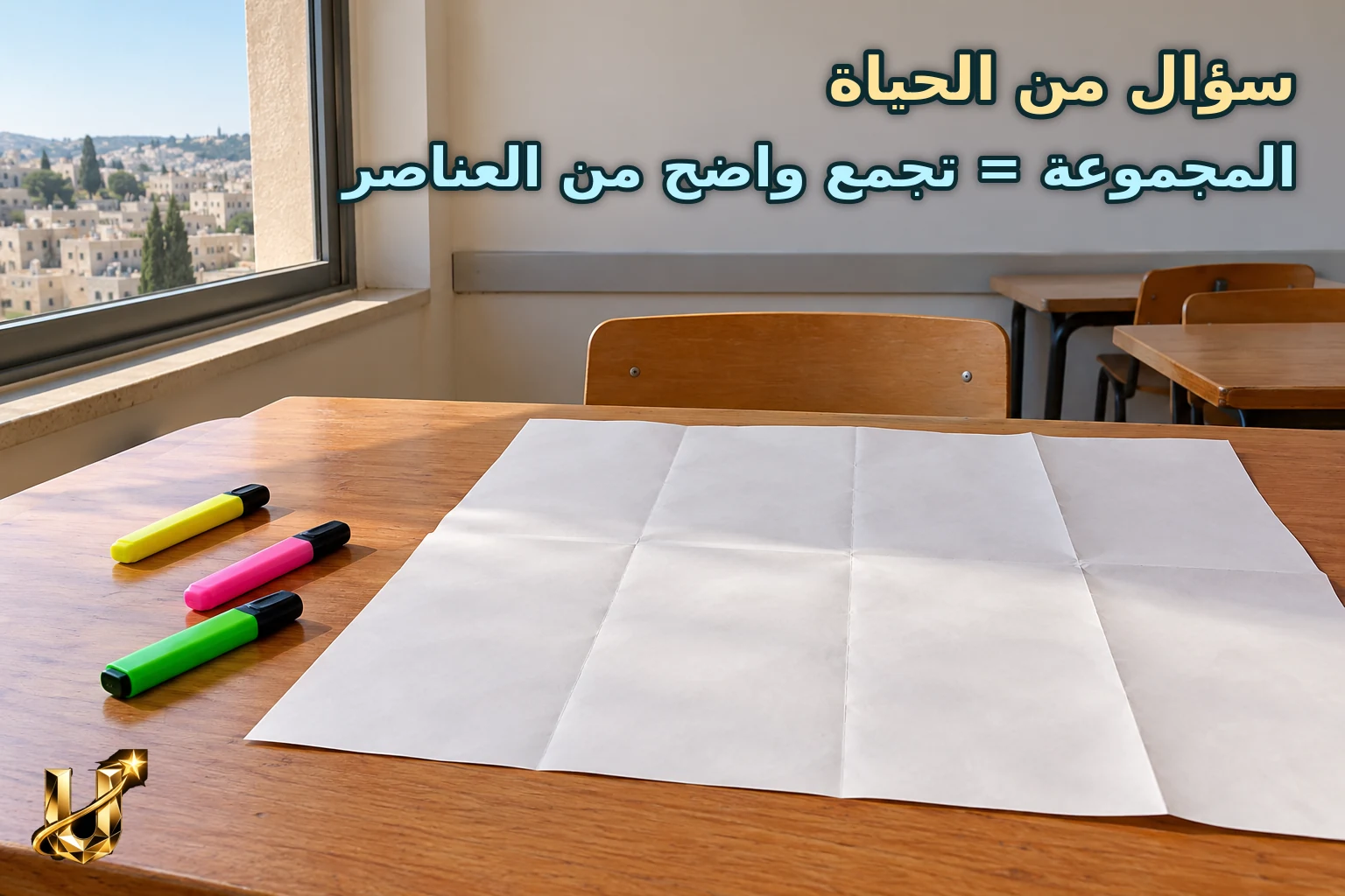 خريطة ورقية فارغة مفرودة على طاولة مدرسية في إربد مع أقلام تظليل سادة