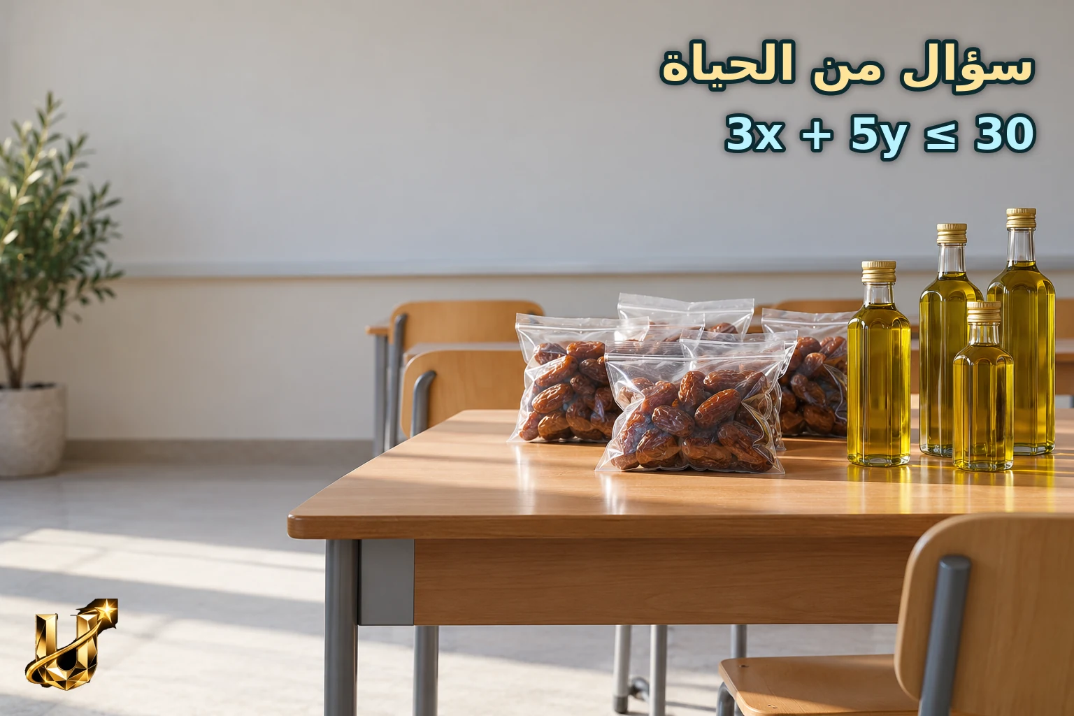 طاولة مستطيلة في صف في عمان عليها أكياس تمر مغلقة سادة وعبوات زيت زيتون بلا ملصقات