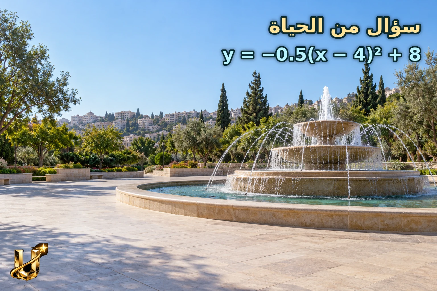 نافورة عامة مدرجة تقذف الماء بقوس في حديقة في عمان بإضاءة نهارية
