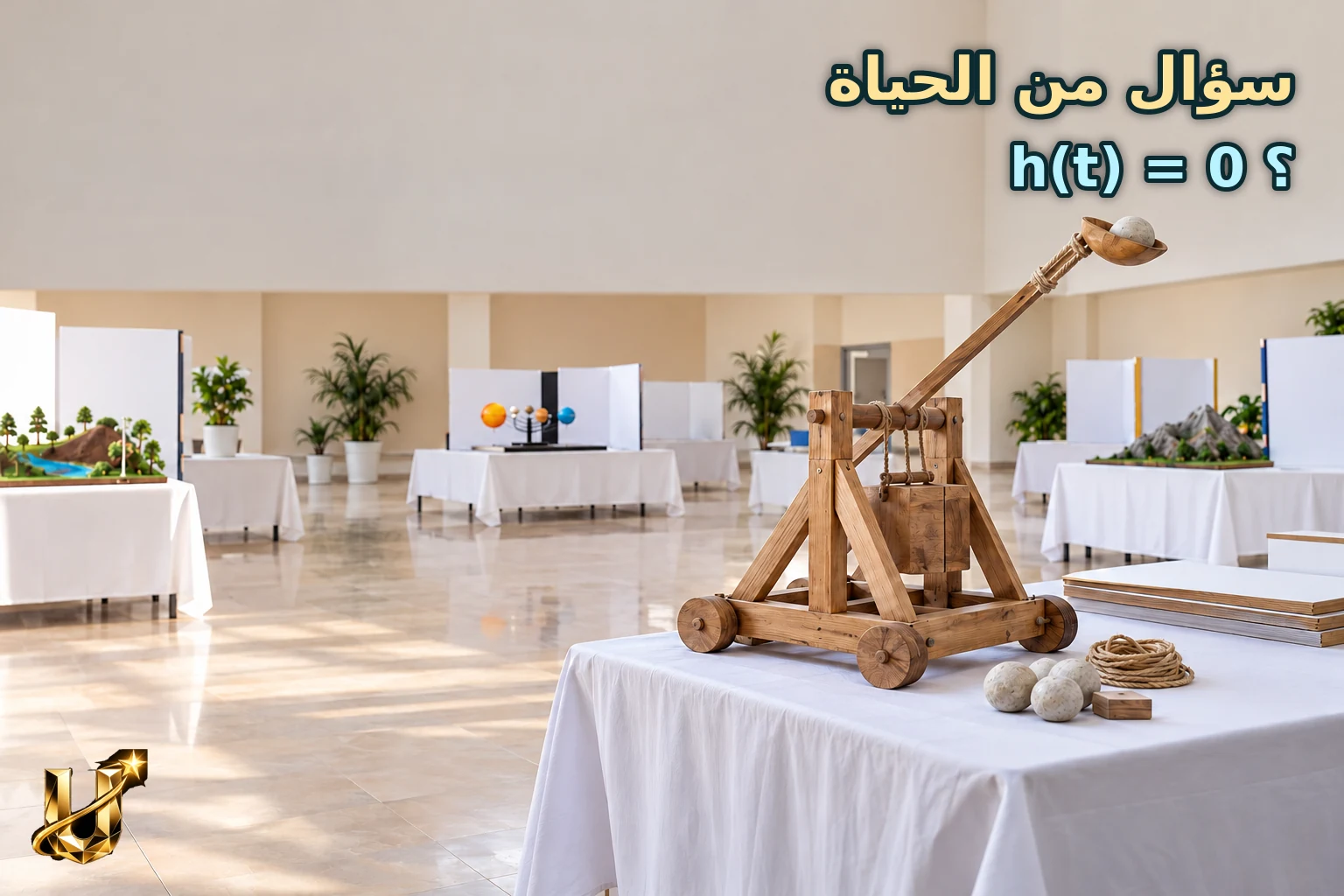 معرض علوم مدرسي في قاعة واسعة في مادبا مع مجسم منجنيق خشبي بسيط