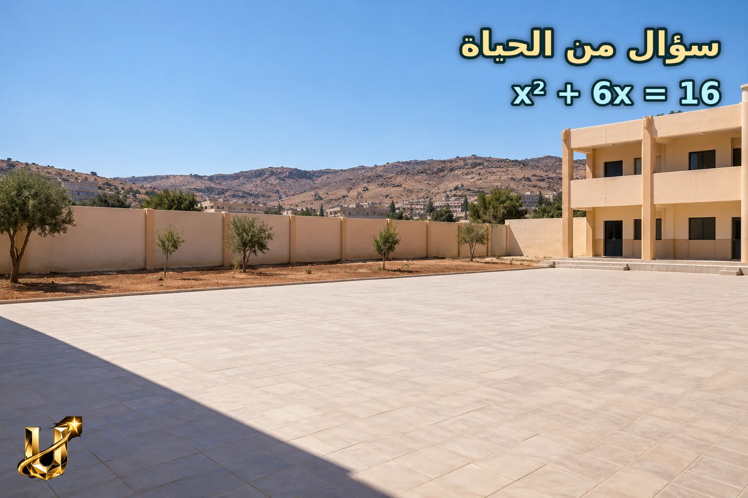 ساحة مدرسة مربعة مبلطة بجانبها شريط ترابي مستقيم في الطفيلة