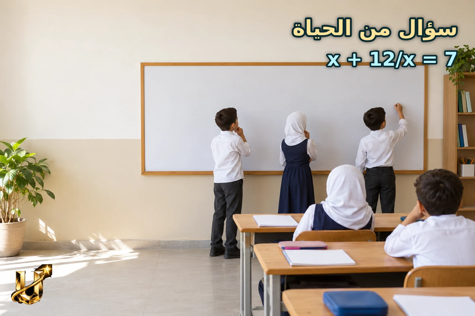 طلاب صغار يحلون لغزا على لوح في صف مدرسي في معان