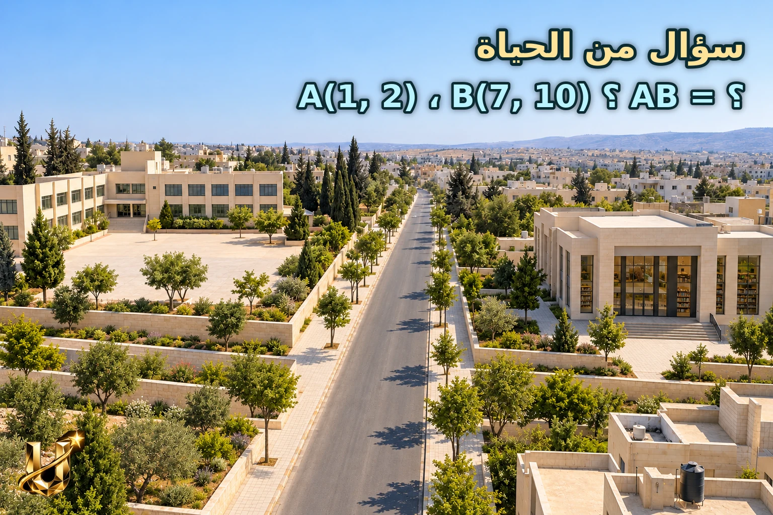 شارع مستقيم يصل بين مدرسة ومكتبة في إربد، ومن الأعلى