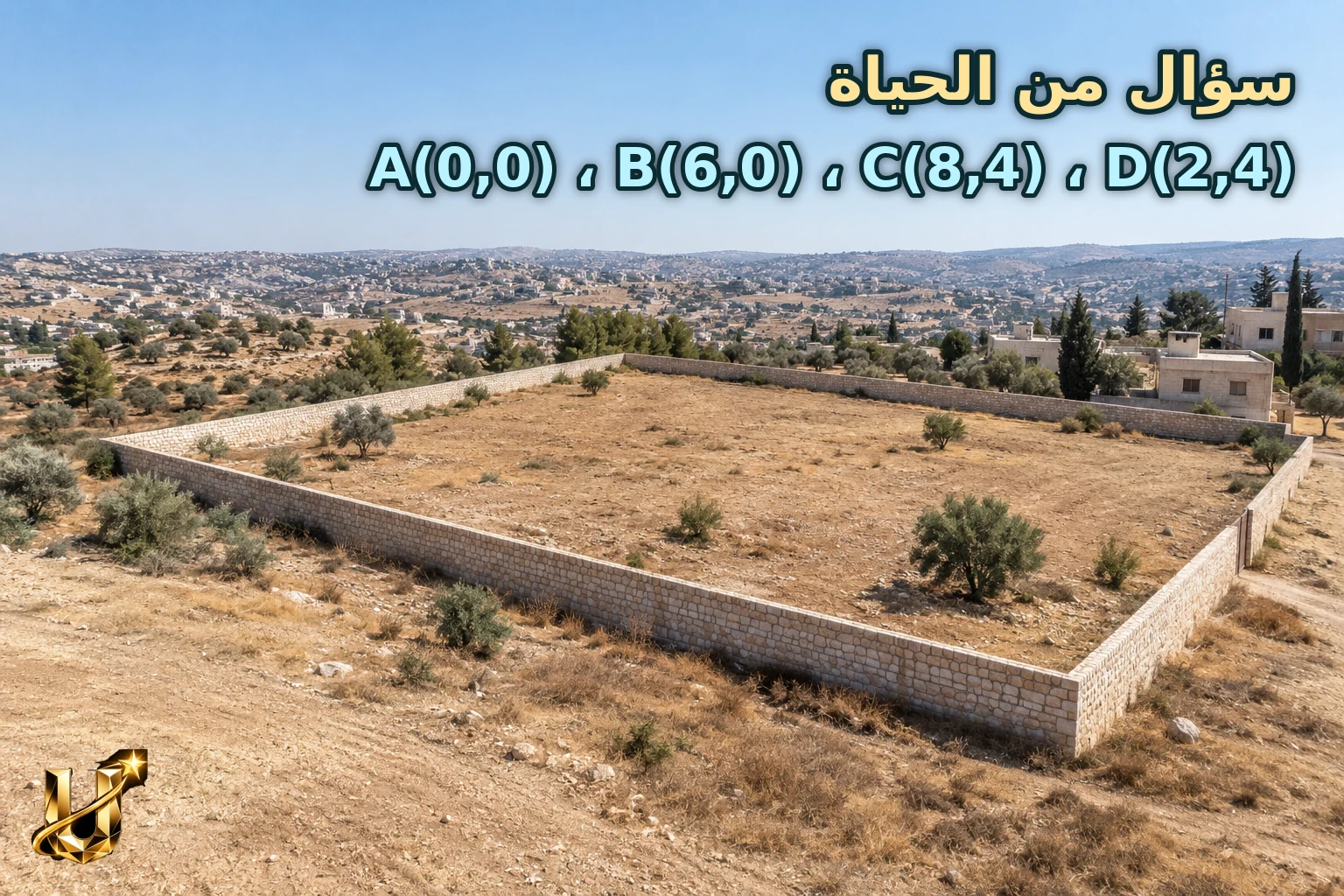قطعة أرض رباعية الشكل مسيجة بسور في مادبا من الأعلى
