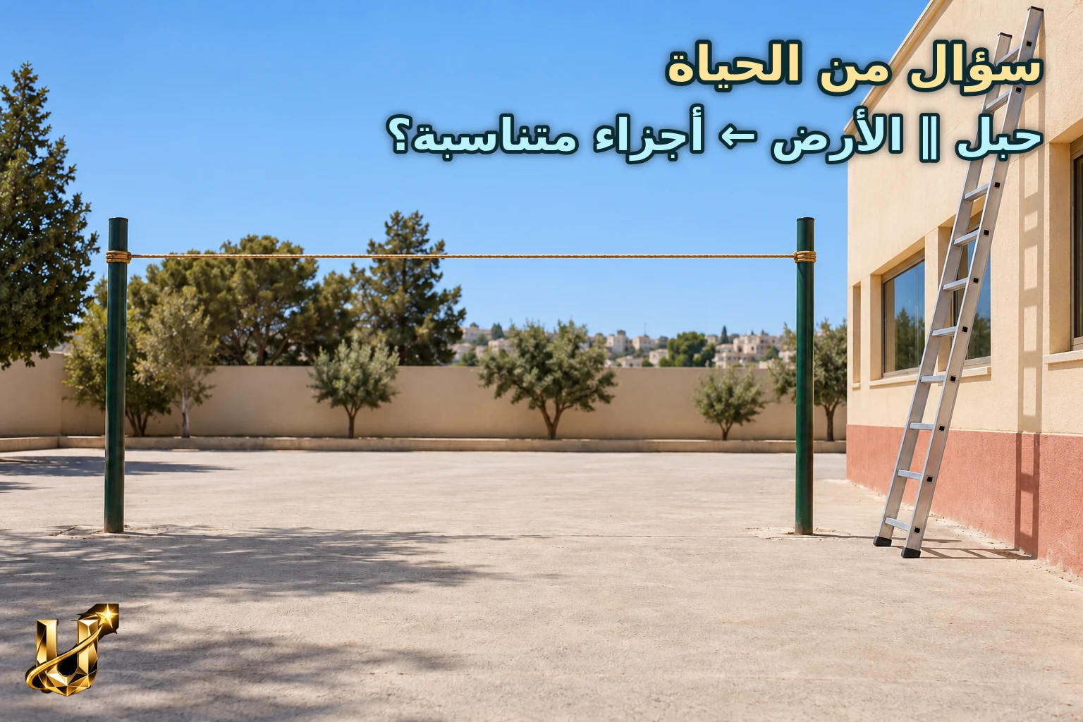 سلم مستند إلى جدار مدرسة في إربد وحبل أفقي بين عمودين