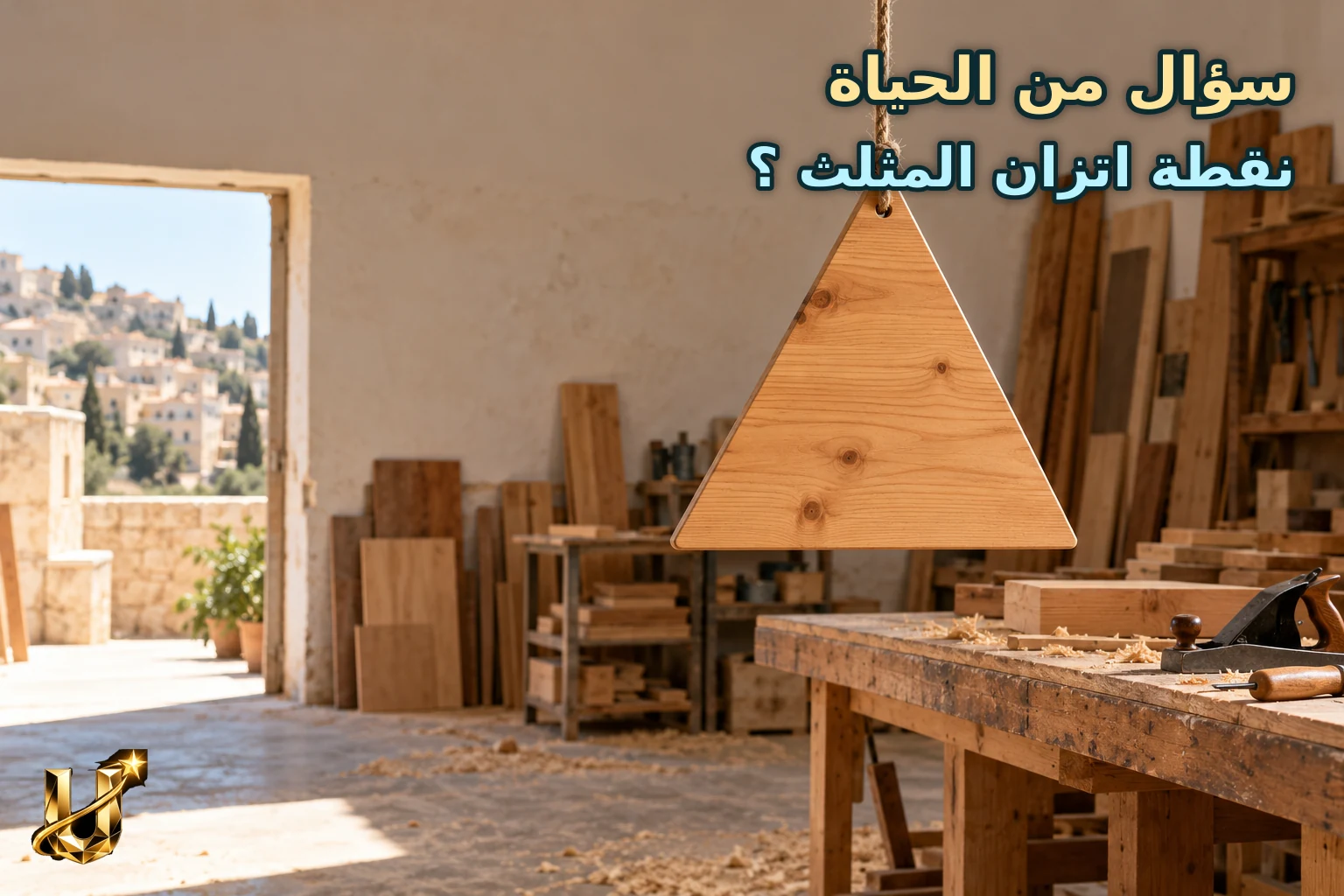 لوح خشبي مثلث معلق من حبل في ورشة نجارة في السلط