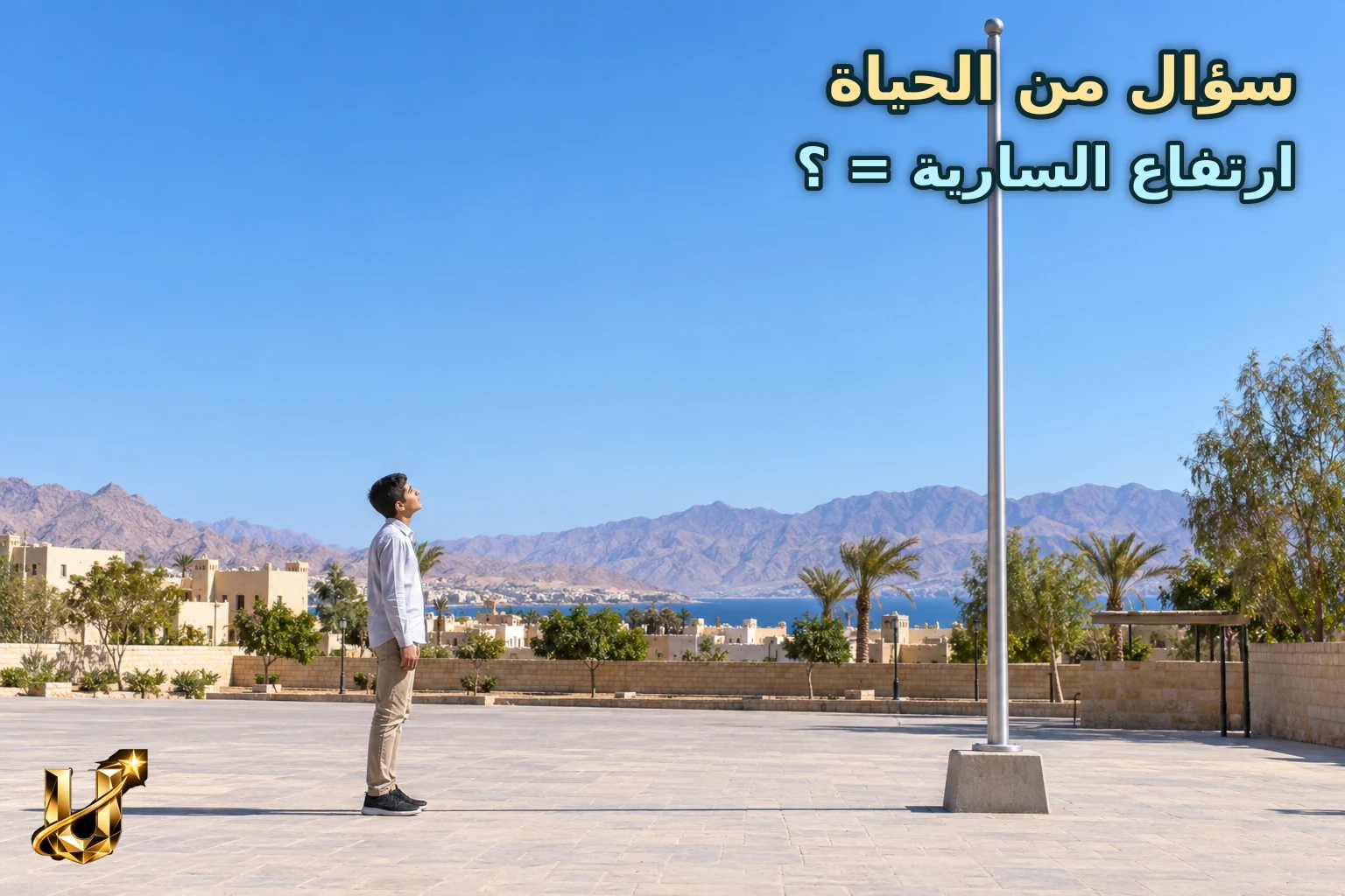 سارية علم كبيرة في ساحة في العقبة وطالب ينظر إليها من بعيد