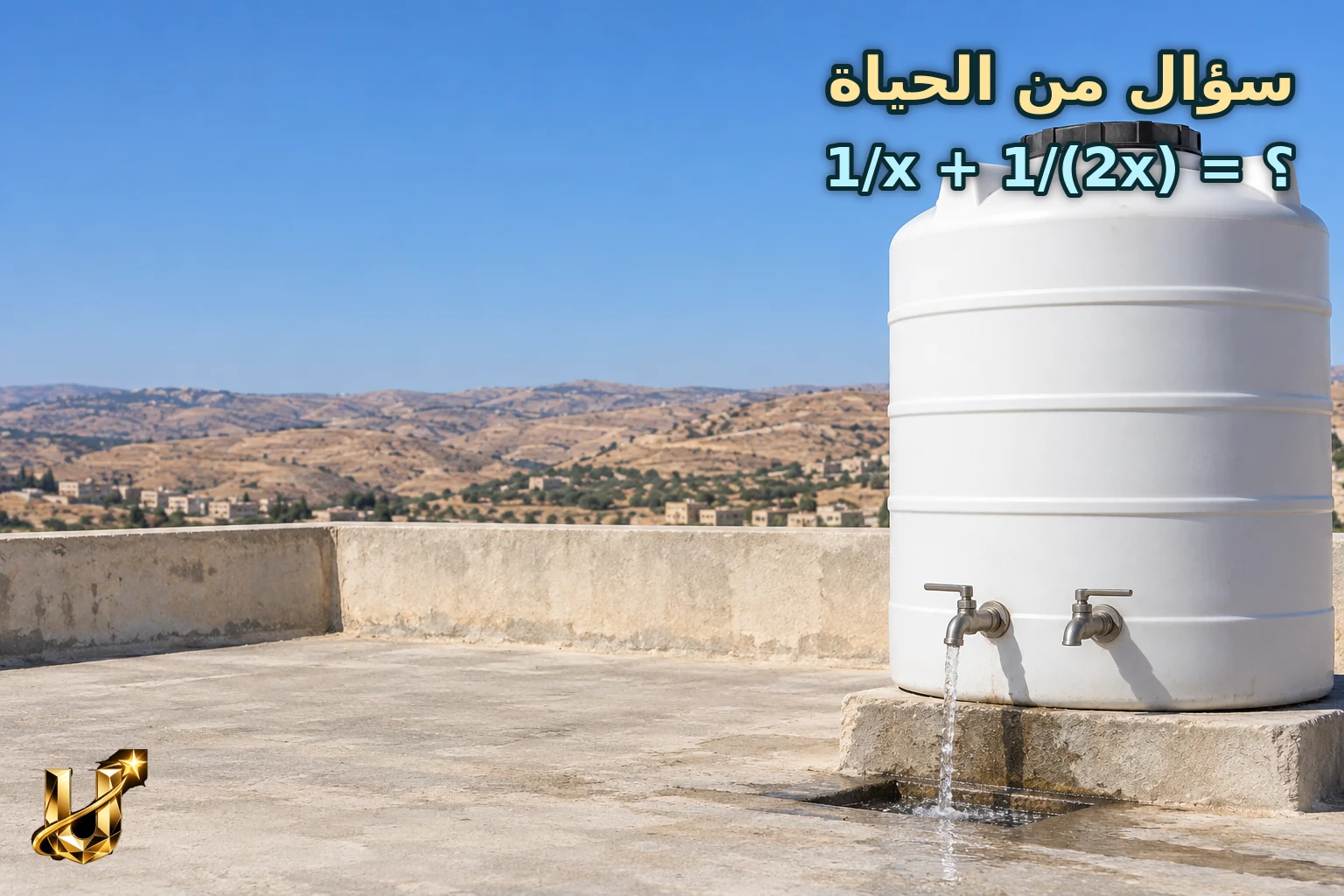 خزان ماء على سطح مدرسة في الكرك مع صنبورين