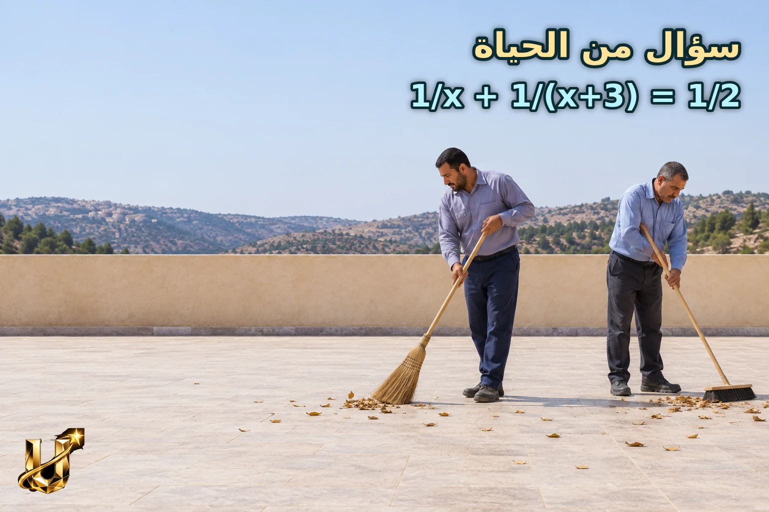 عاملان يكنسان ساحة مدرسة في عجلون