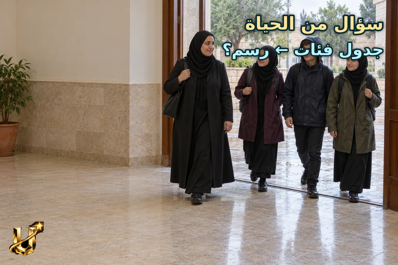 طلاب يصلون إلى باب مدرسة في مادبا في الصباح