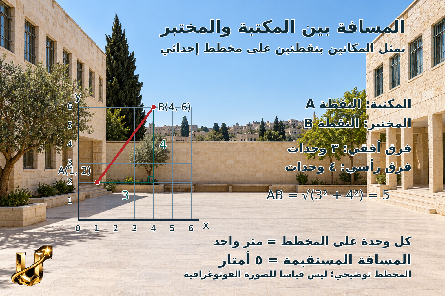فرق الإحداثيين الأفقيين ٣، والرأسيين ٤؛ المسافة المستقيمة ٥ وحدات، أي ٥ أمتار. المخطط توضيحي وليس قياسا للصورة.