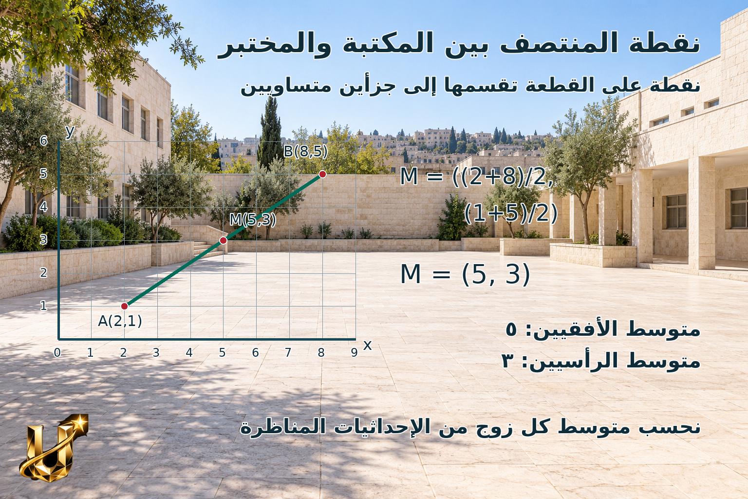 نقطة المنتصف بين المكتبة والمختبر
نقطة على القطعة تقسمها إلى جزأين متساويين
0
1
2
3
4
5
6
7
8
9
1
2
3
4
5
6
x
y
A(2,1)
B(8,5)
M(5,3)
M = ((2+8)/2,
(1+5)/2)
M = (5, 3)
متوسط الأفقيين: ٥
متوسط الرأسيين: ٣
نحسب متوسط كل زوج من الإحداثيات المناظرة