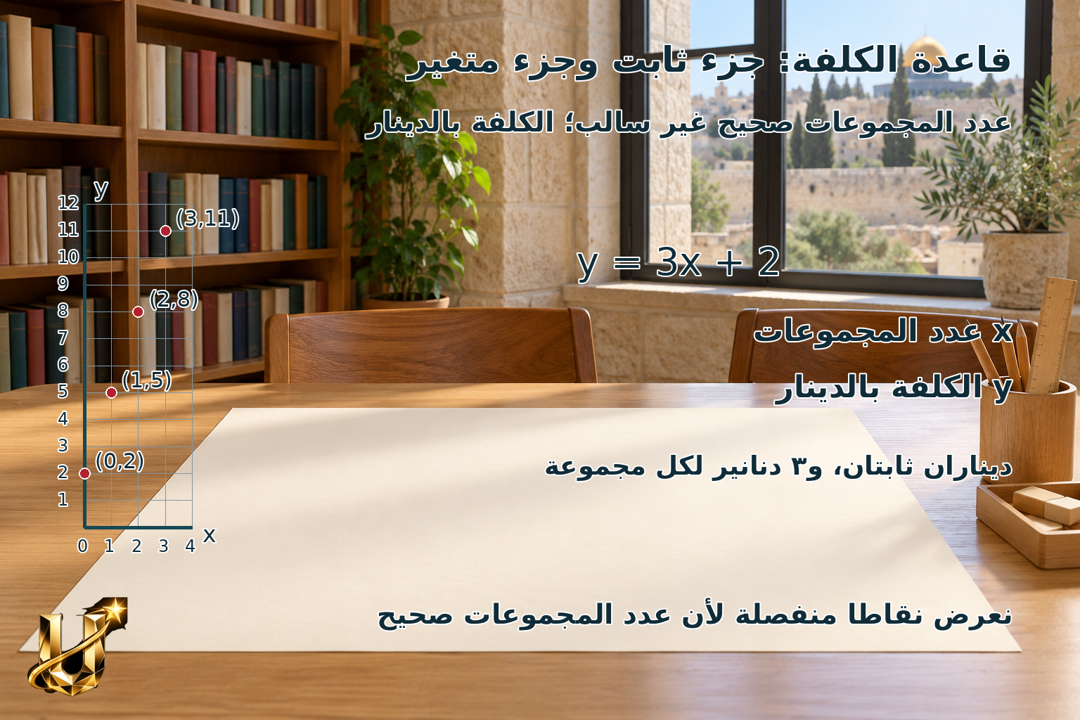 قاعدة الكلفة: جزء ثابت وجزء متغير
عدد المجموعات صحيح غير سالب؛ الكلفة بالدينار
0
1
2
3
4
1
2
3
4
5
6
7
8
9
10
11
12
x
y
(0,2)
(1,5)
(2,8)
(3,11)
y = 3x + 2
x عدد المجموعات
y الكلفة بالدينار
ديناران ثابتان، و٣ دنانير لكل مجموعة
نعرض نقاطا منفصلة لأن عدد المجموعات صحيح