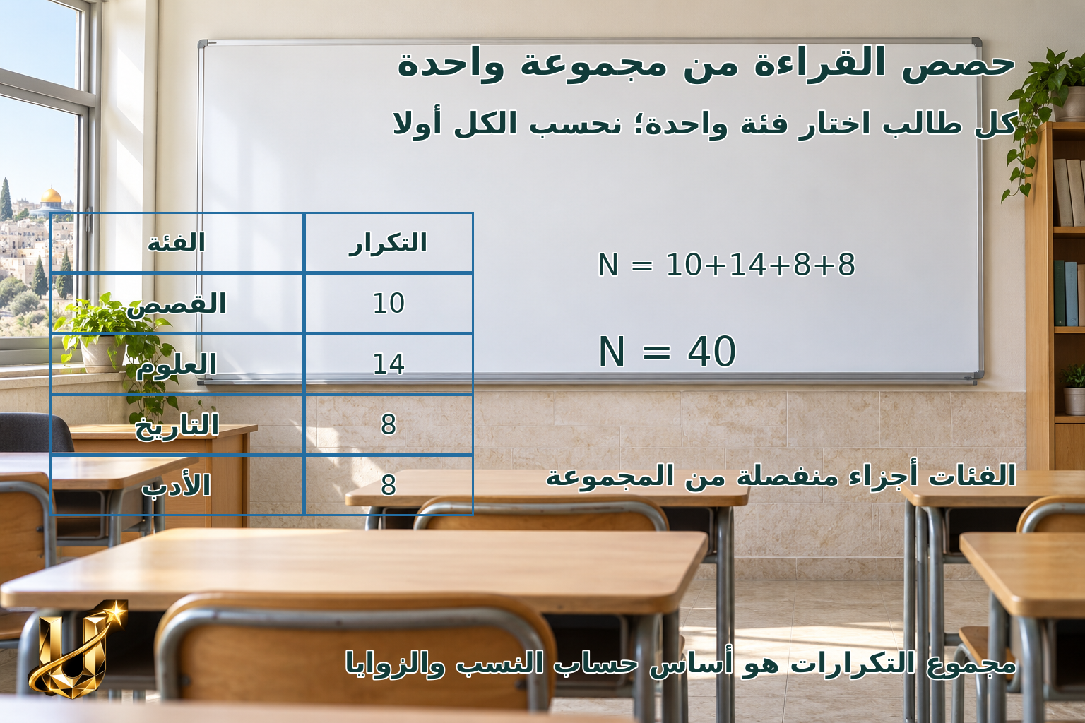 سأل نادي القراءة في مدرسة في القدس 40 طالبا عن نوع الكتب المفضل. اختار 10 القصص و14 العلوم و8 التاريخ و8 الأدب. كيف نعرض أجزاء المجموعة في دائرة واحدة؟
المجموع=10+14+8+8=40