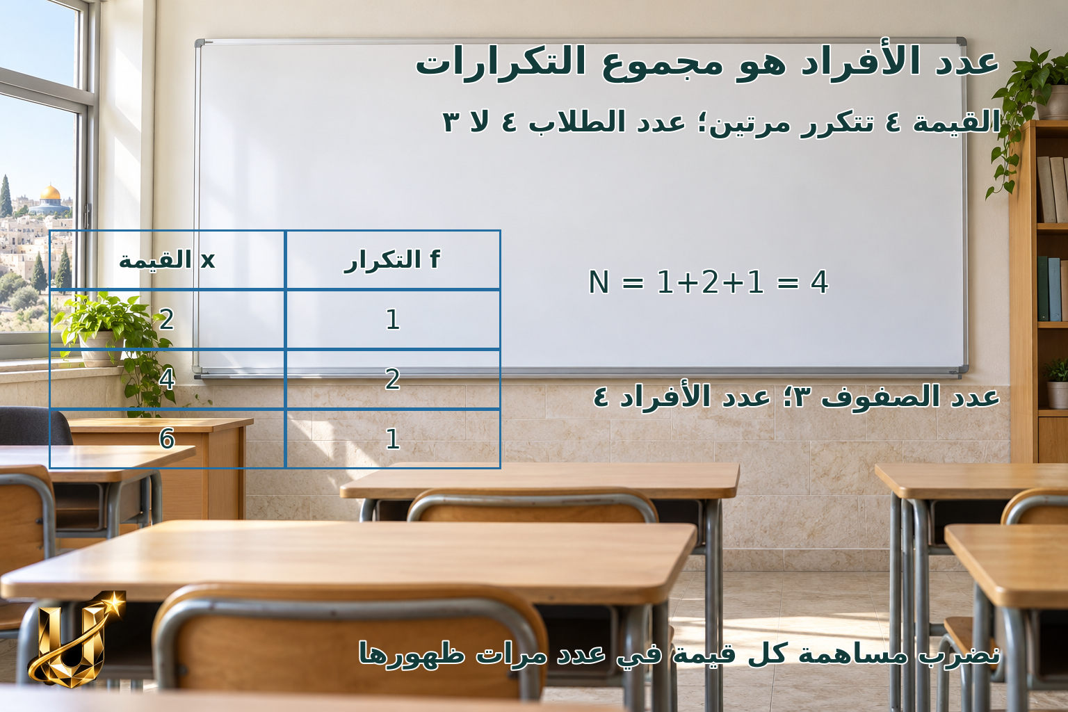 يرمز x إلى القيمة، وf إلى تكرارها. عدد أفراد البيانات N هو مجموع التكرارات، وليس عدد الصفوف. يشترط أن تكون التكرارات غير سالبة وأن يكون مجموعها موجبا.
N=Σf