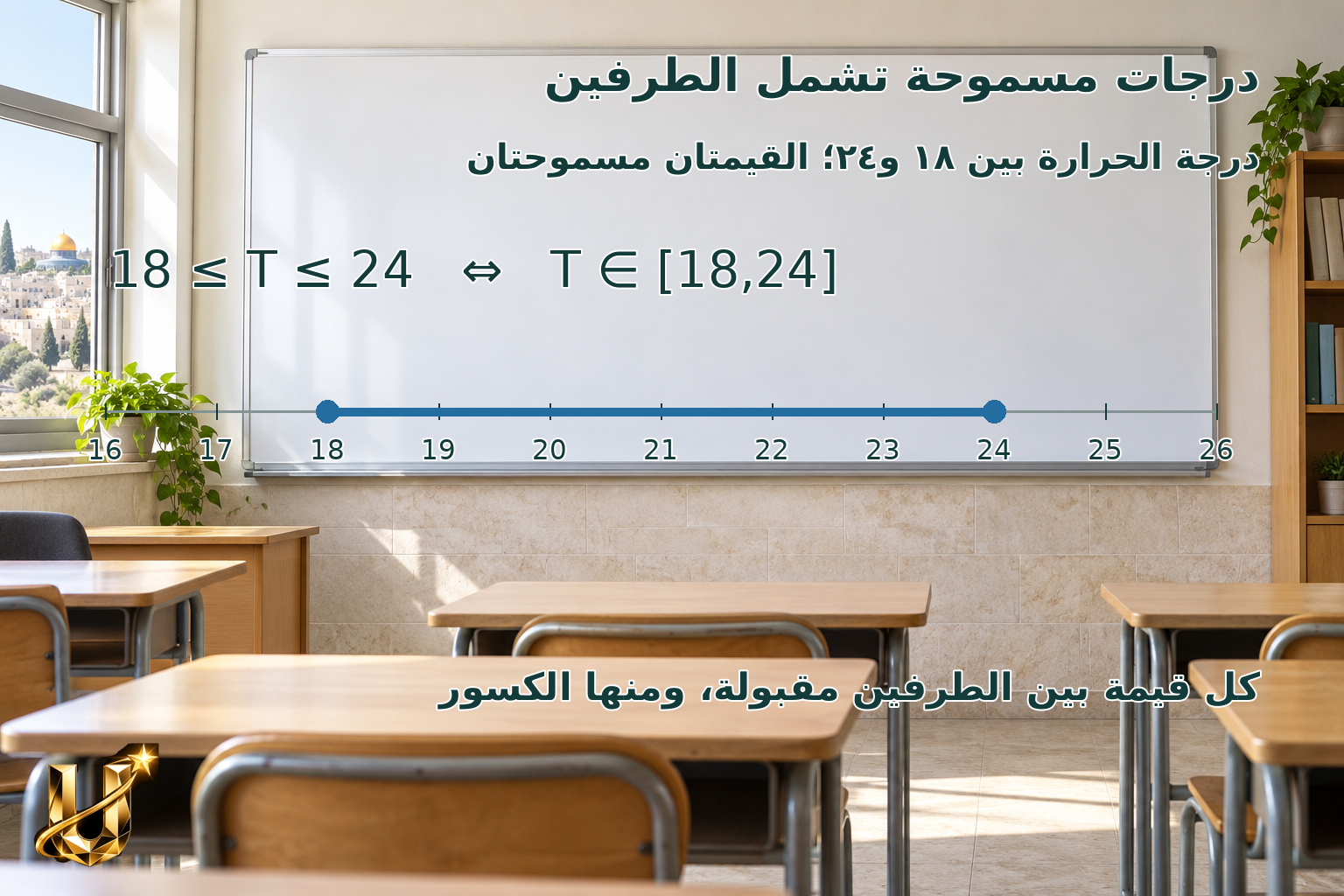 توصي تجربة مدرسية في نابلس بإبقاء درجة حرارة الغرفة بين18 و24 درجة مئوية مع السماح بالقيمتين18 و24. كيف نكتب جميع الدرجات المسموحة باختصار؟
18≤T≤24 ⇔ T∈[18,24]