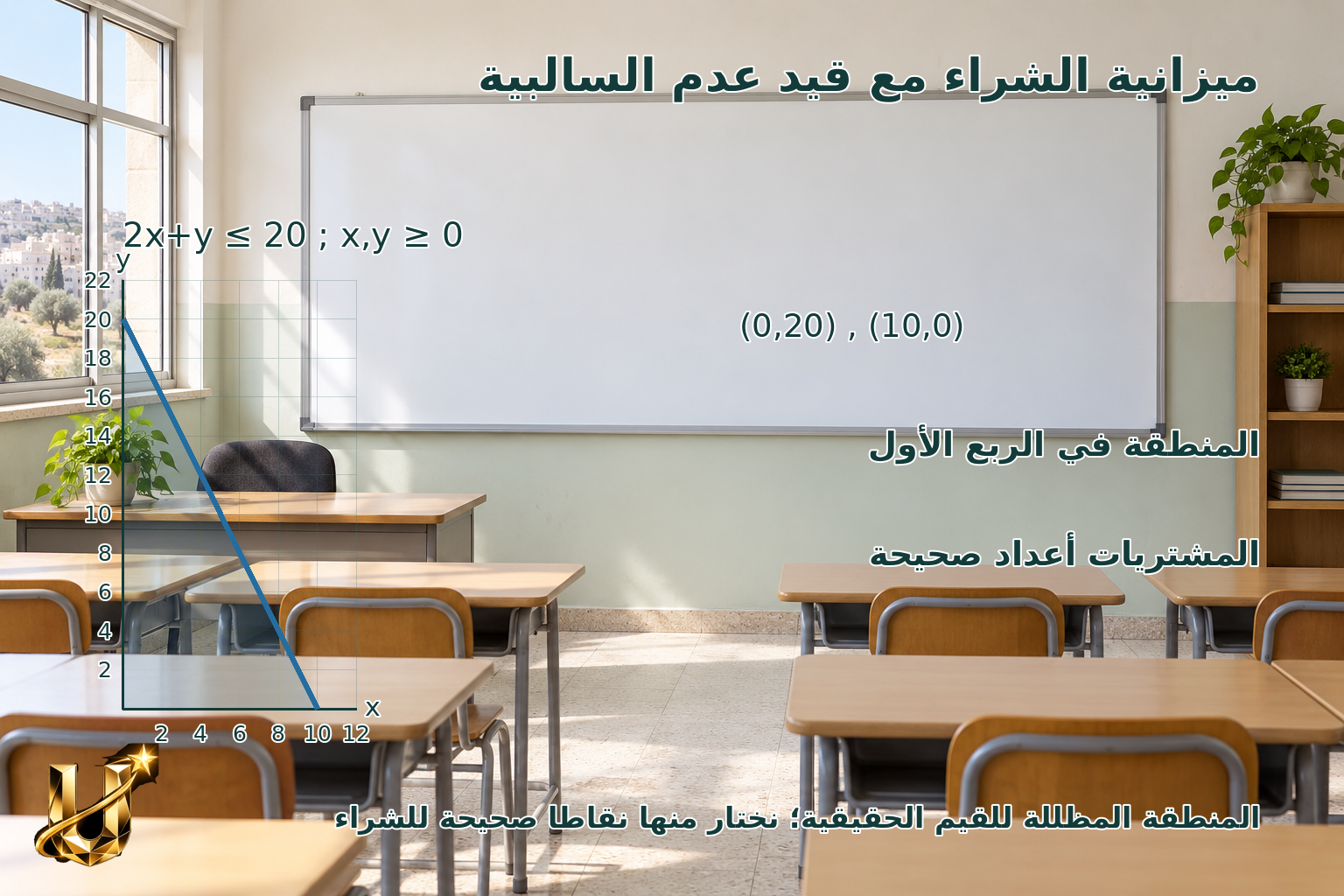 ميزانية الدفاتر والأقلام تحقق 2x+y≤20 مع x≥0 وy≥0؛ تقاطعا الحد (0,20) و(10,0). الحل الواقعي يختار نقاطا صحيحة من المنطقة.