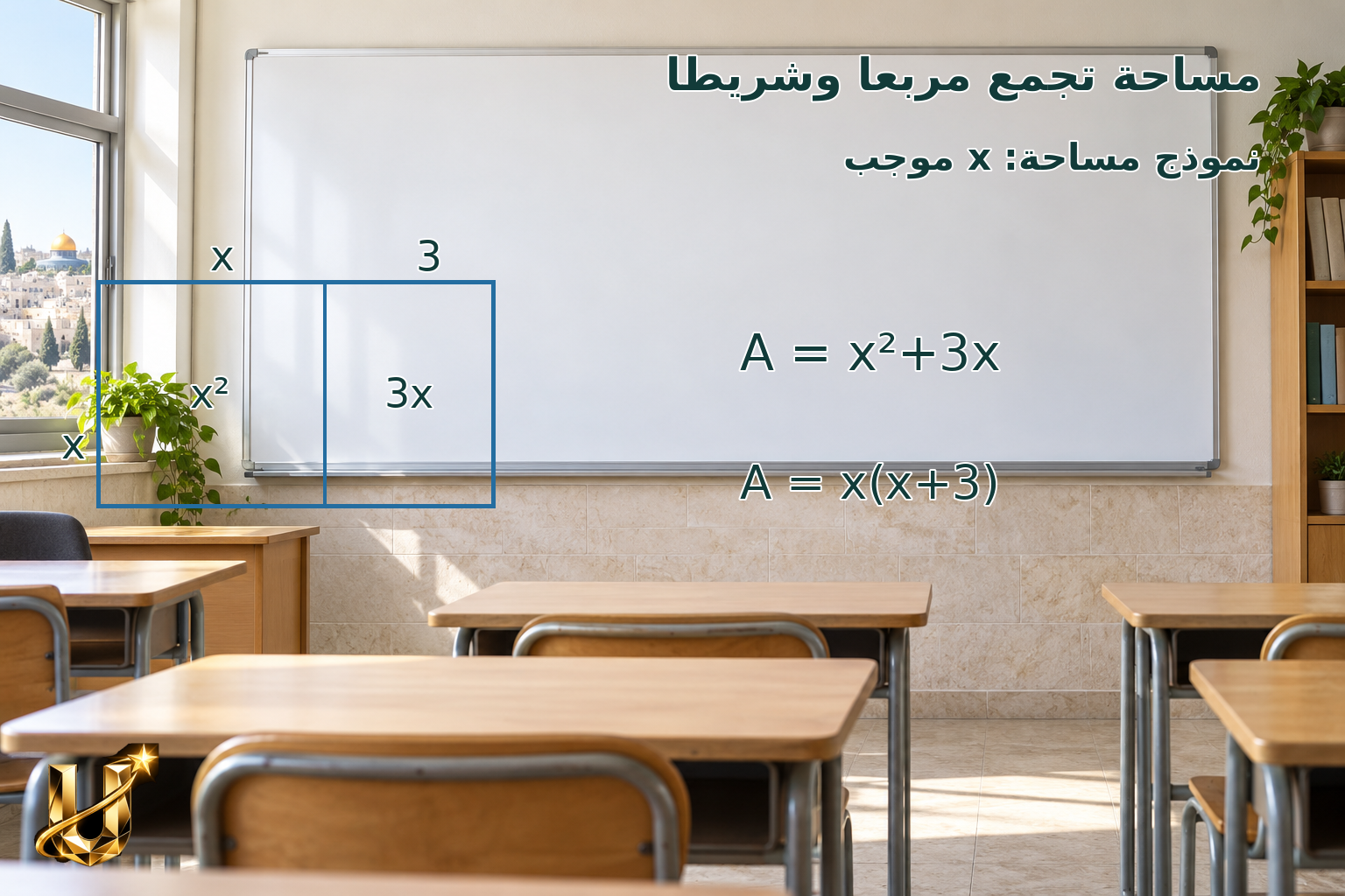 حديقة مربعة ضلعها x وممر مساحته 3x. نعبر عن المساحة الكلية بمقدار جبري.
x²+3x