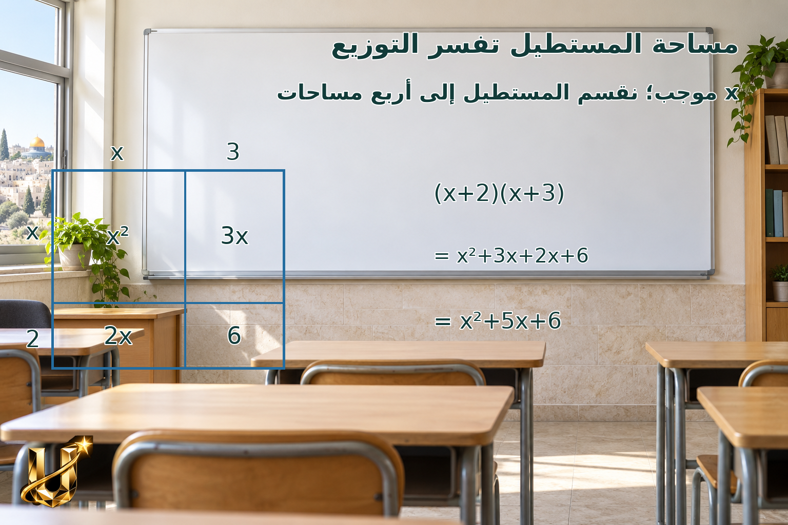 مستطيل بعداه x+2 وx+3. يمكن حساب مساحته بالتوزيع.
(x+2)(x+3)