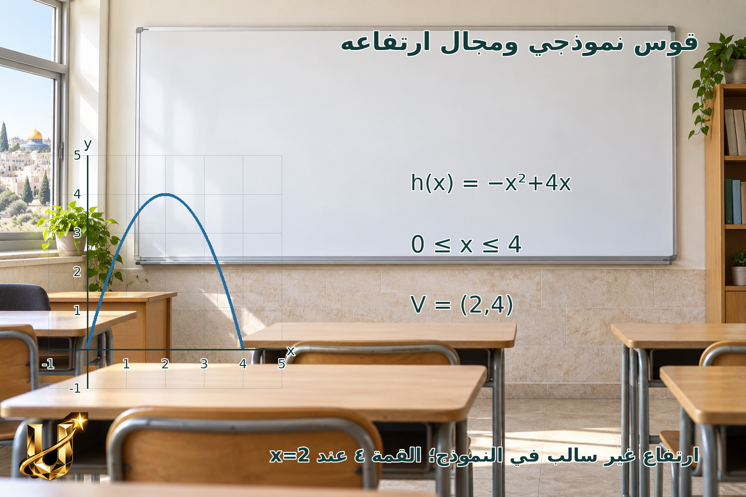 ارتفاع القوس h(x)=−(x−2)²+4 لا يقل عن الصفر في النموذج حين 0≤x≤4؛ وأقصاه 4.
h(2)=4; h(0)=h(4)=0