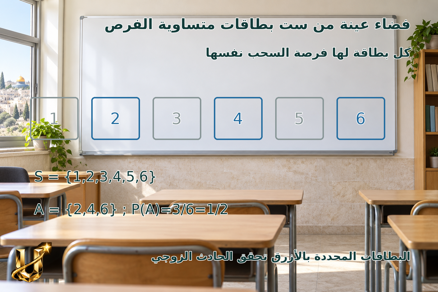 صندوق فيه بطاقات مرقمة من 1 إلى 6، متساوية فرصة السحب. ما احتمال سحب عدد زوجي؟
S={1,2,3,4,5,6}; A={2,4,6}