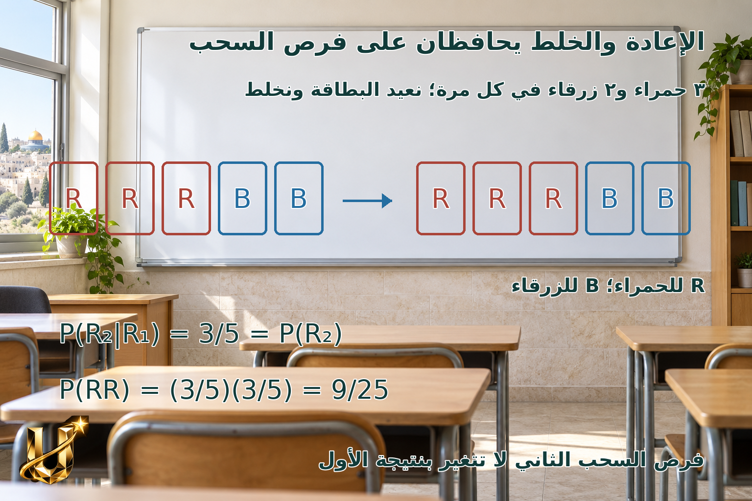 في صندوق 3 حمراء و2 زرقاء، احتمال حمراوين مع إعادة وخلط مستقل هو 9/25.
3/5×3/5=9/25