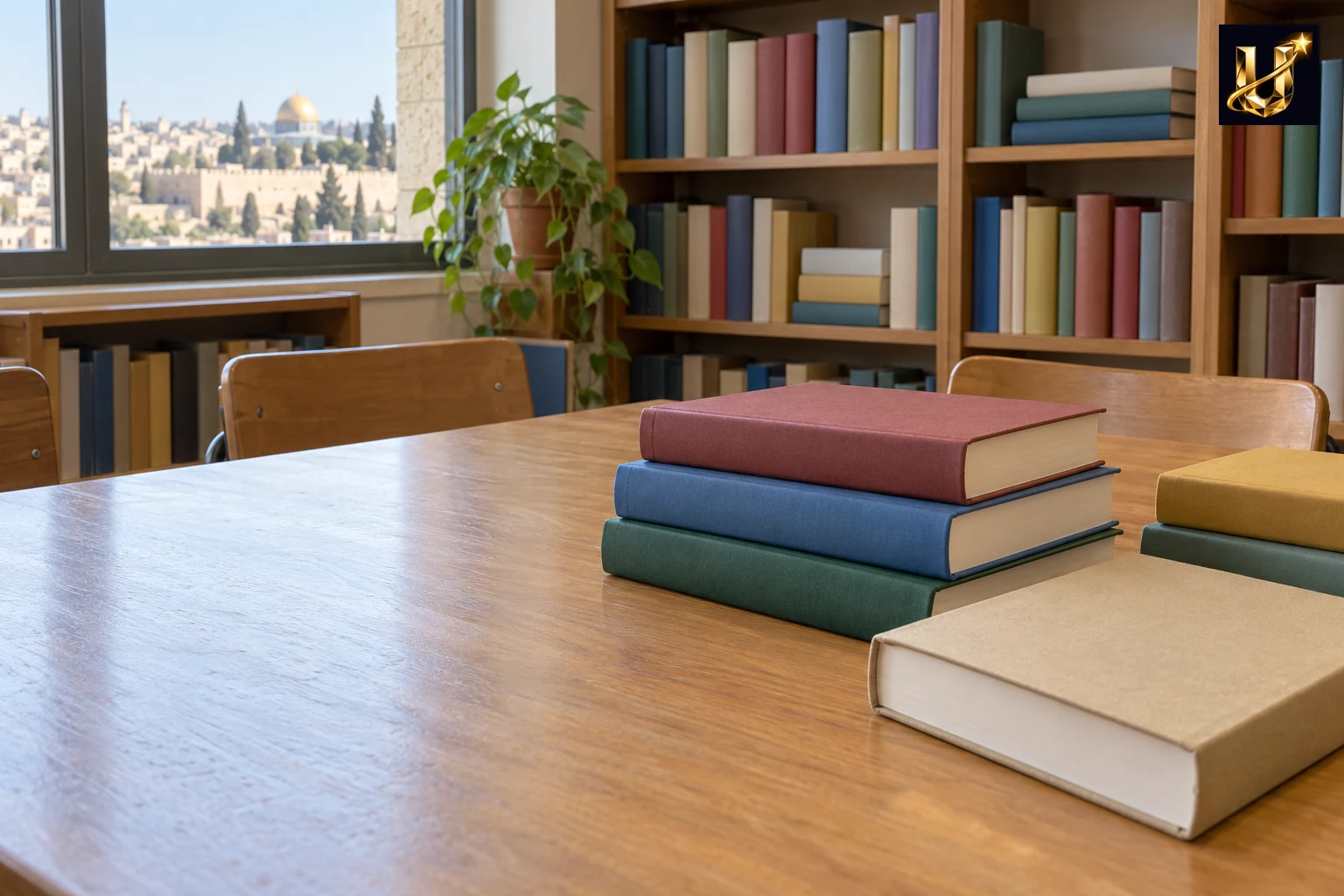 طاولة في مكتبة مدرسة في القدس، عليها كتب مغلقة بأغلفة فارغة.