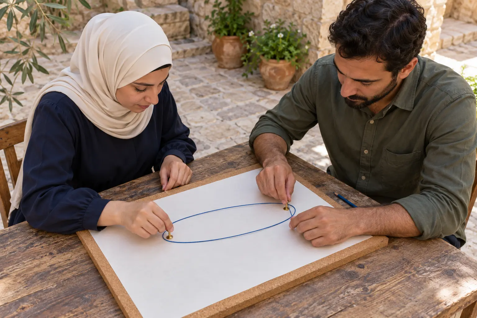 1 · نثبت نقطتين على لوح ونضع خيطًا حولهما.