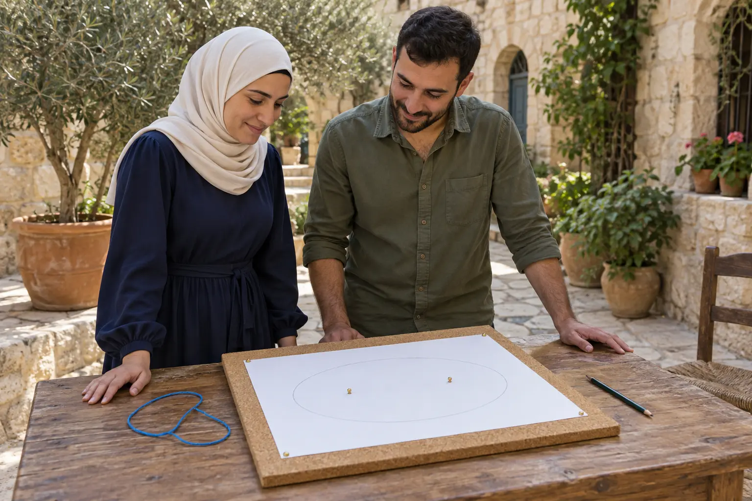 3 · نلاحظ المسار المغلق؛ النموذج الرياضي يستخدم مجموع المسافتين إلى البؤرتين.