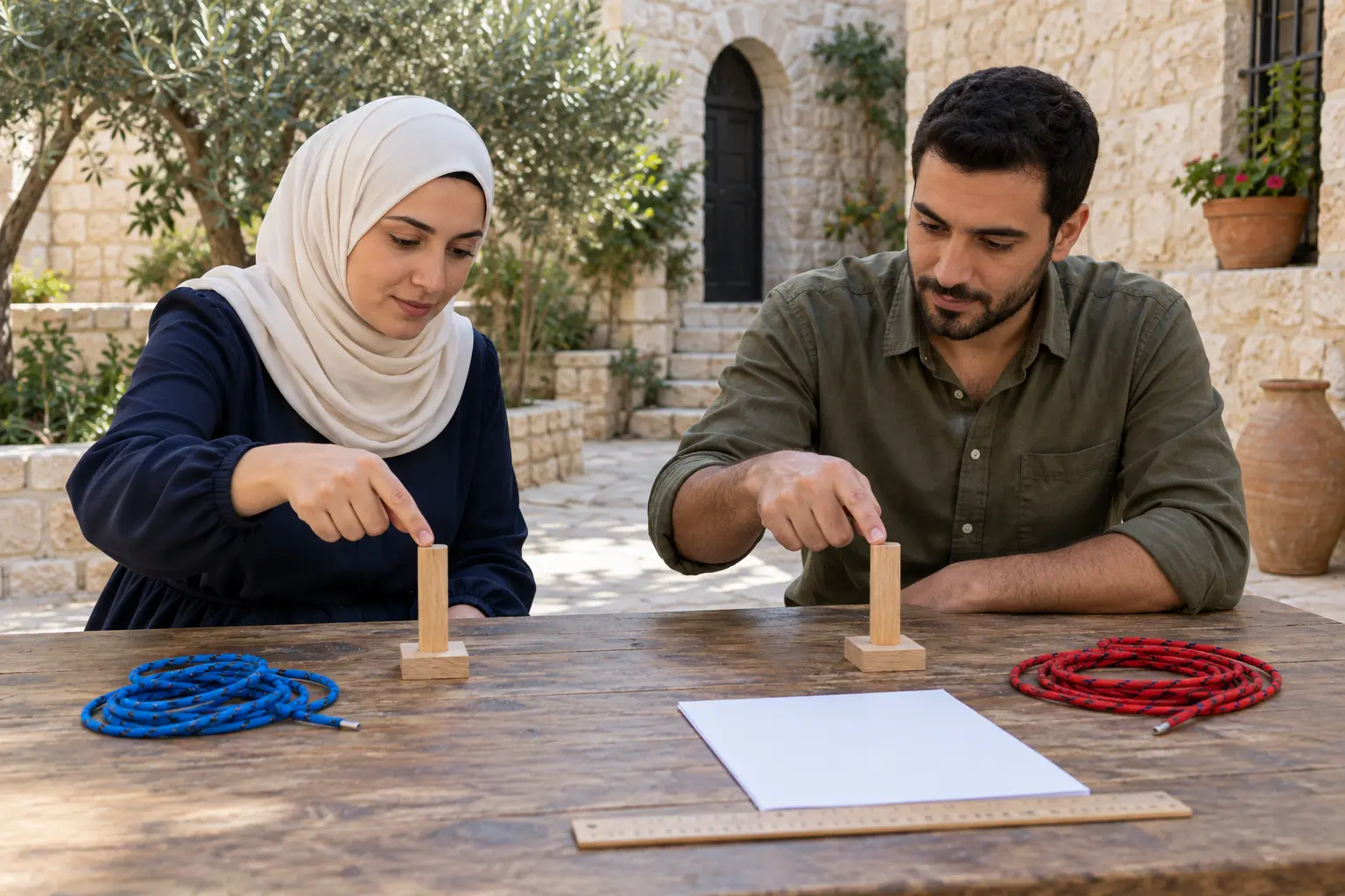 1 · نضع علامتين ثابتتين تمثلان محطتي القياس.