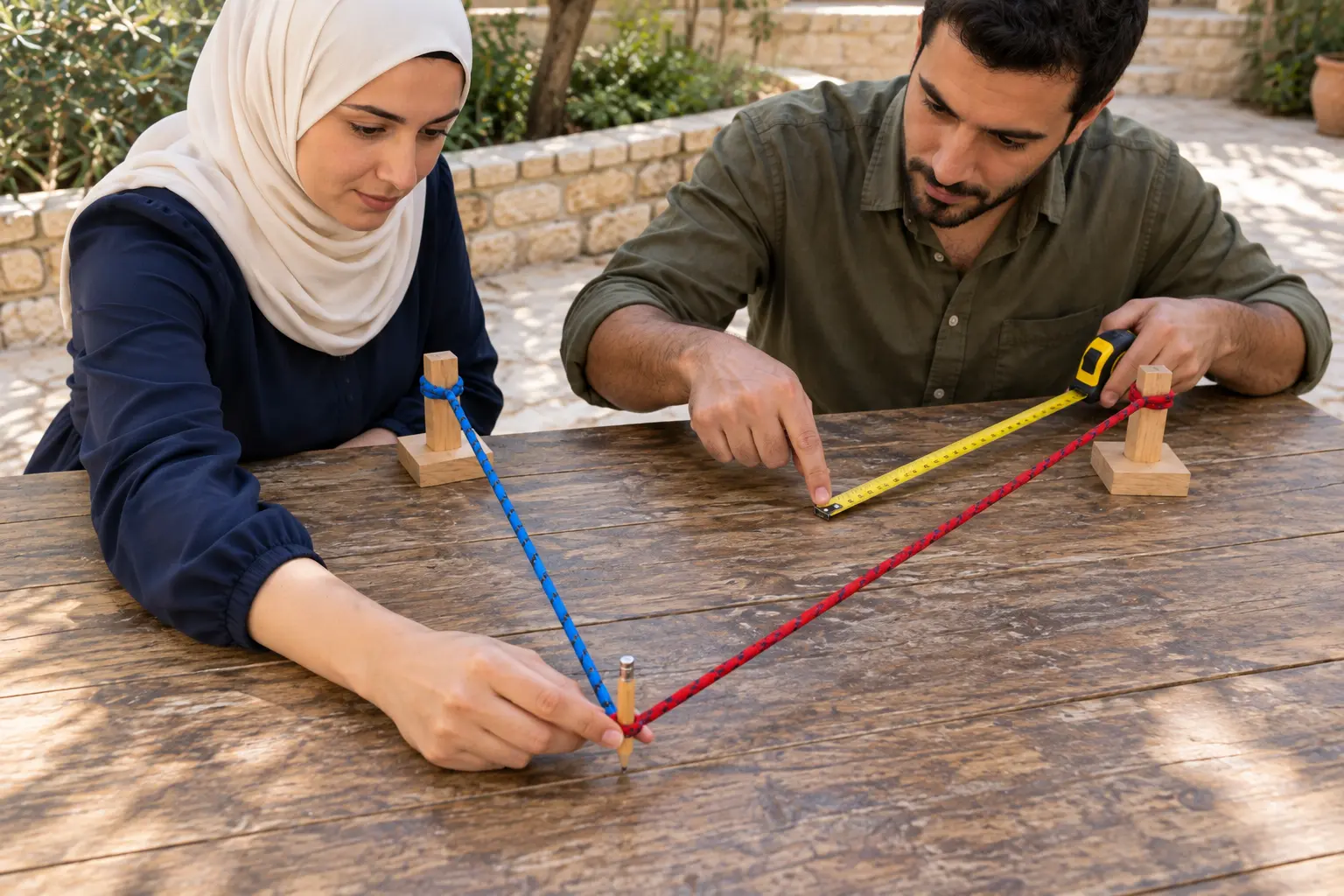 2 · نقيس البعد عن كل محطة بحبل منفصل؛ لا نستخدم خيطًا مغلقًا كما في الناقص.