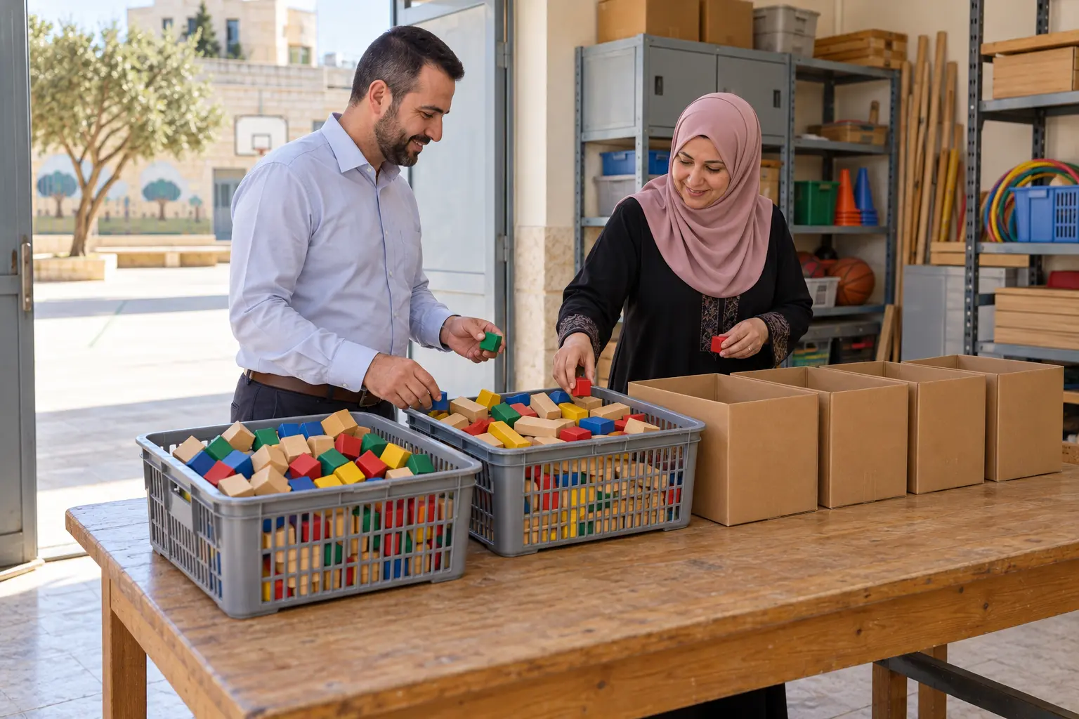 معلمان يجمعان مكعبات ويوزعانها على صناديق