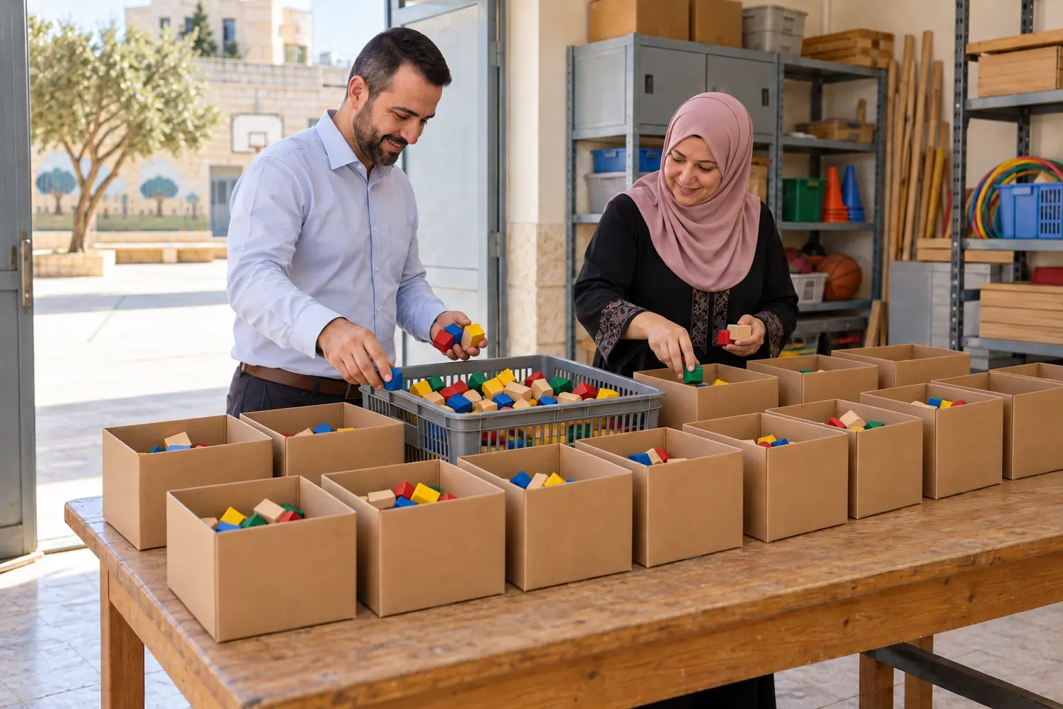 معلمان يجمعان مكعبات ويوزعانها على صناديق