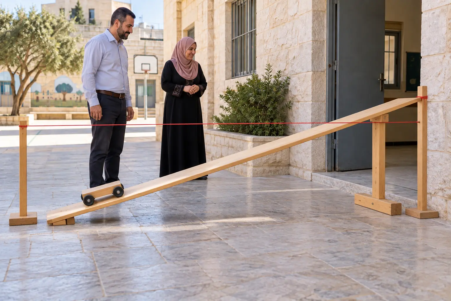 عربة على منحدر متصل يعبر مستوى خيط مرجعي