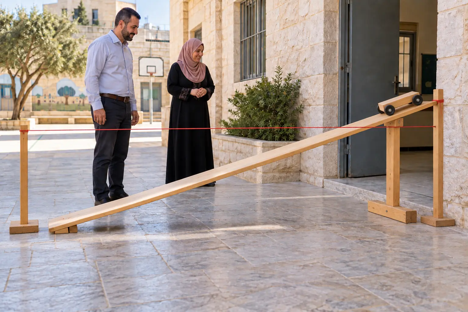 عربة على منحدر متصل يعبر مستوى خيط مرجعي
