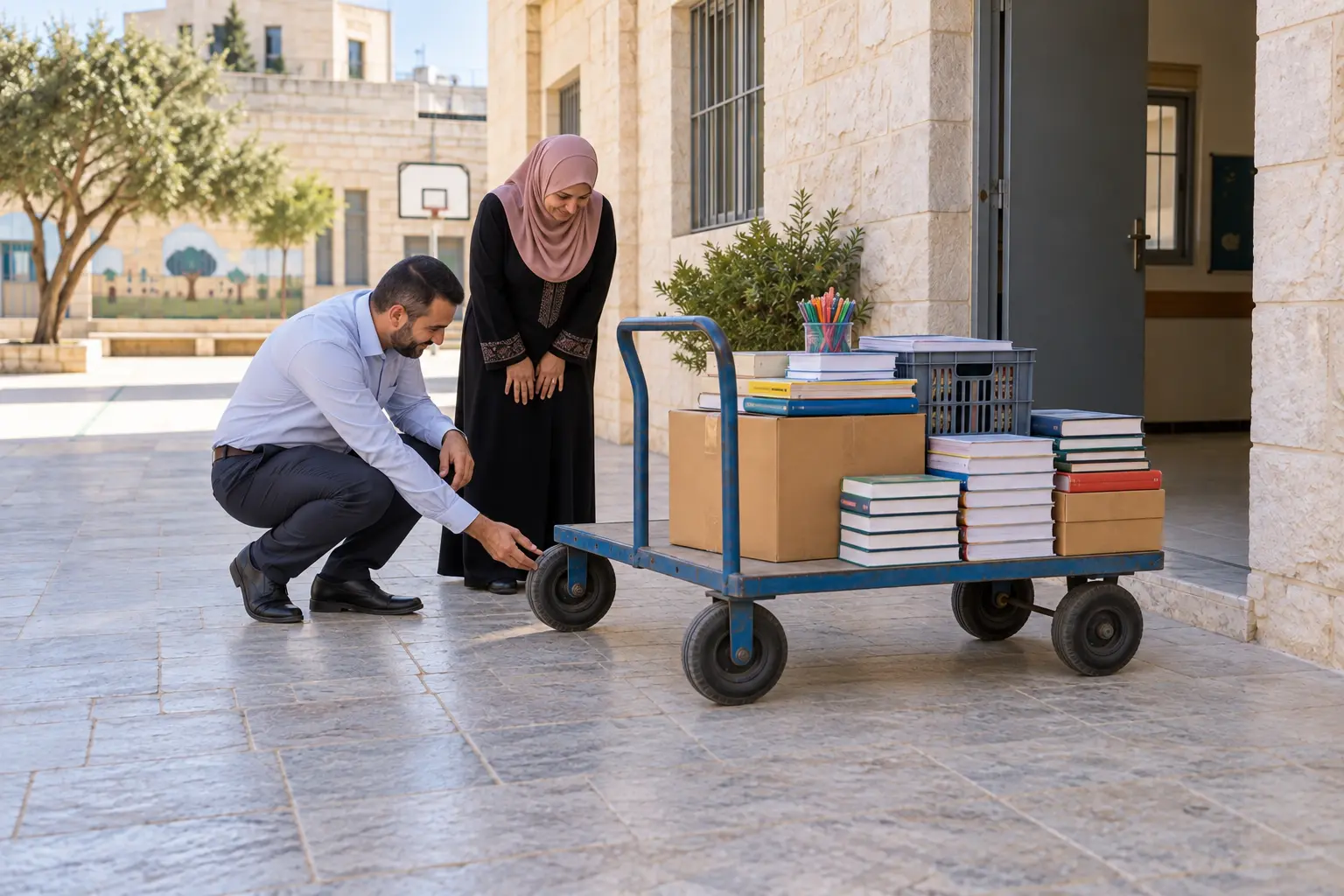 معلمان بالغان وعربة كتب في ساحة المدرسة