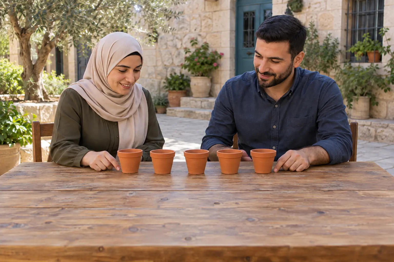 الأشخاص أنفسهم يرتبون صفا من الأصص يزداد بأصيصين