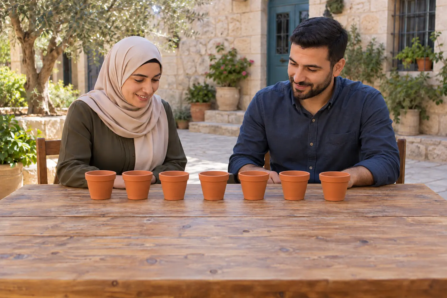 الأشخاص أنفسهم يرتبون صفا من الأصص يزداد بأصيصين